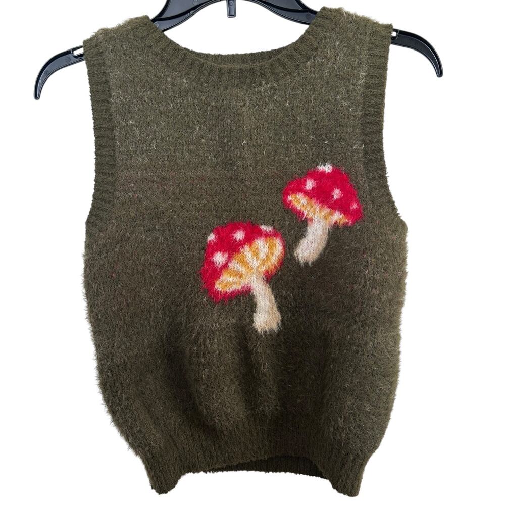 Forever 21 Sweater Vest Kids 9/10 Mushroom Cottagecore Fuzzy Knit